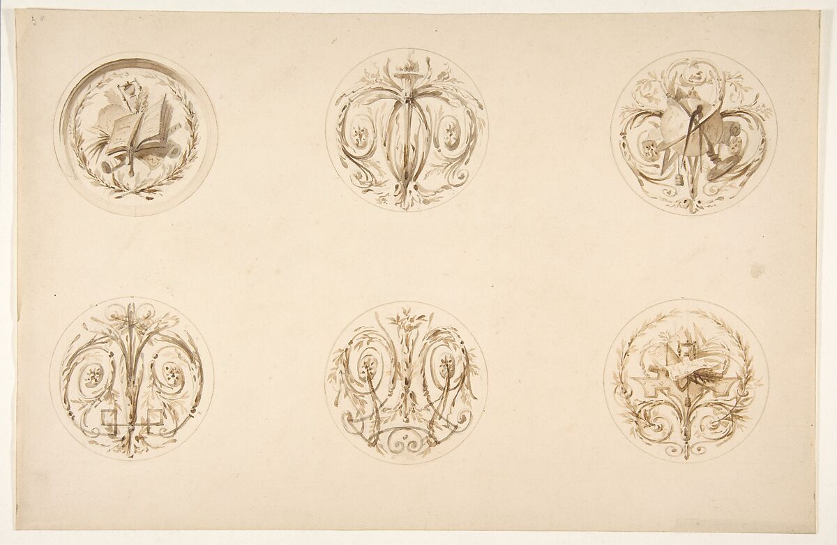 Six designs set in medallions, Jules-Edmond-Charles Lachaise (French, died 1897), Graphite and brown wash 