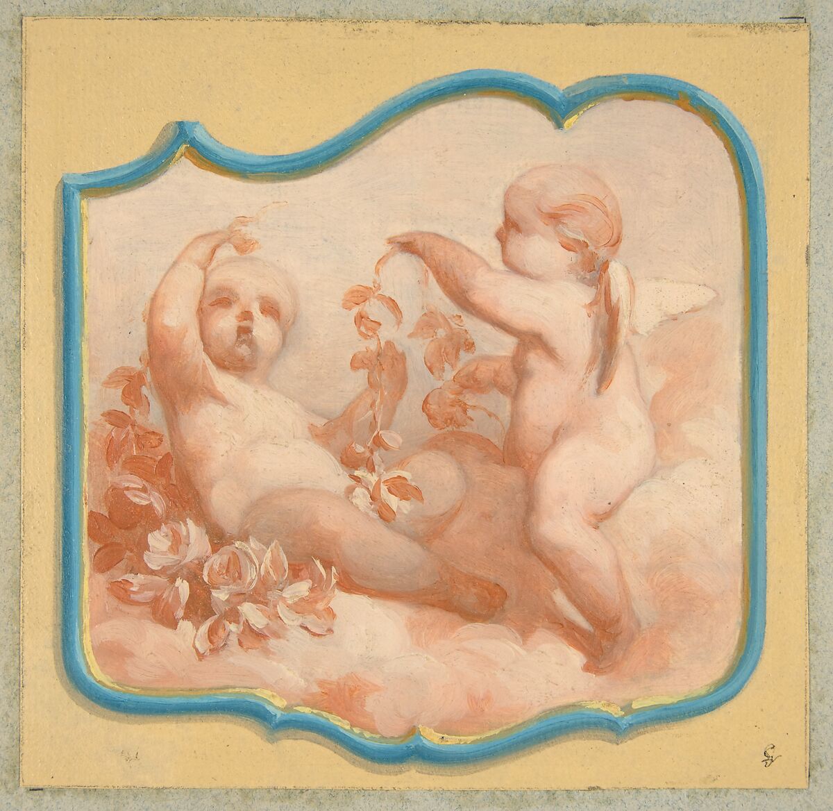 Two putti seated on clouds, Jules-Edmond-Charles Lachaise (French, died 1897), Oil paint over graphite 