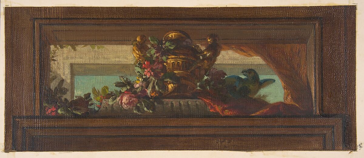 Trompe l'oeil design of birds and flowers, Jules-Edmond-Charles Lachaise (French, died 1897), Oil paint on canvas support 