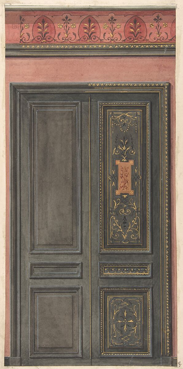 Design for a door, Jules-Edmond-Charles Lachaise (French, died 1897), Graphite, watercolor, and white heightening 