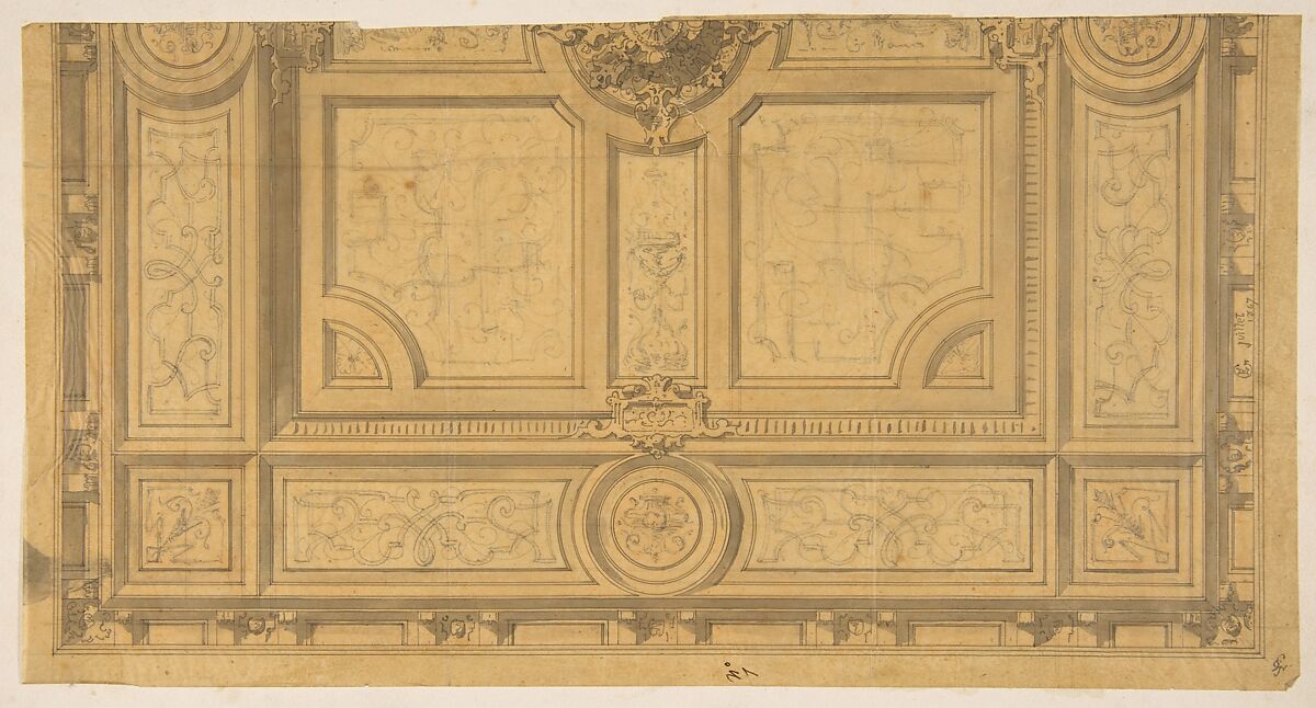 Design for Half of a Ceiling Decoration, Fontainbleau, Jules-Edmond-Charles Lachaise (French, died 1897), Graphite, pen and black ink, and gray wash on transfer paper 