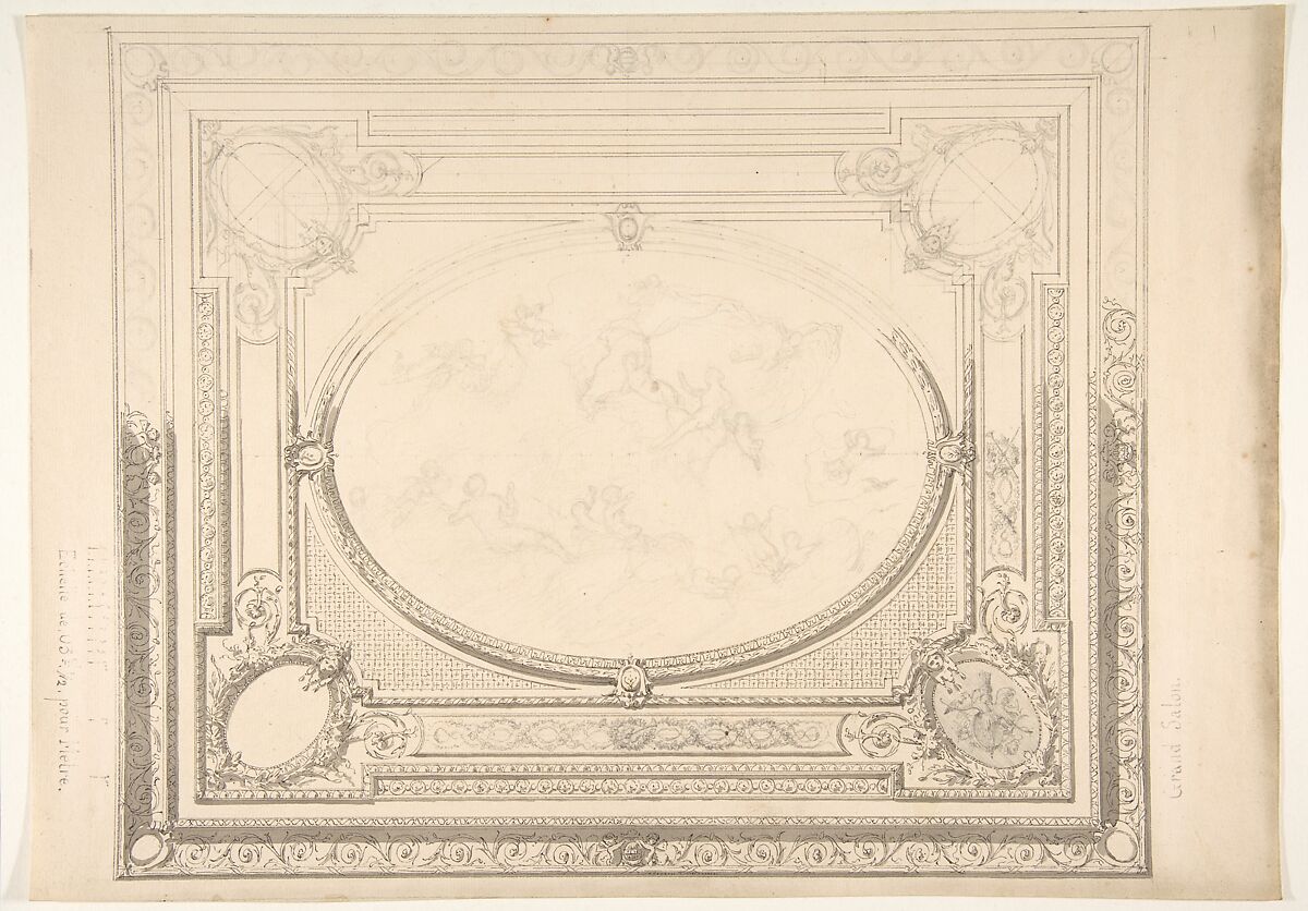 Design for a ceiling: the Grand Salon, Jules-Edmond-Charles Lachaise (French, died 1897), Graphite, pen and black ink, and gray wash 