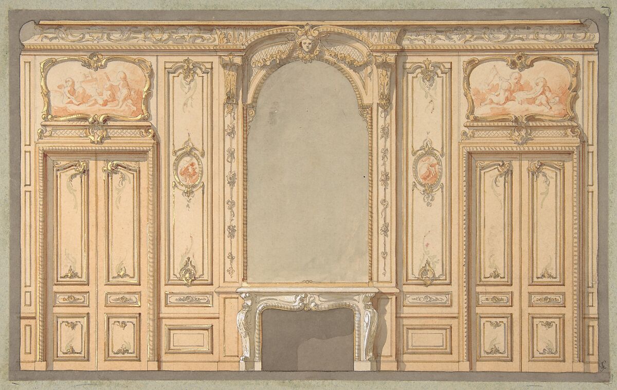 Design for wall panels, mirror, and fire mantle, Jules-Edmond-Charles Lachaise (French, died 1897), Graphite, pen and black ink, gouache, and watercolor 