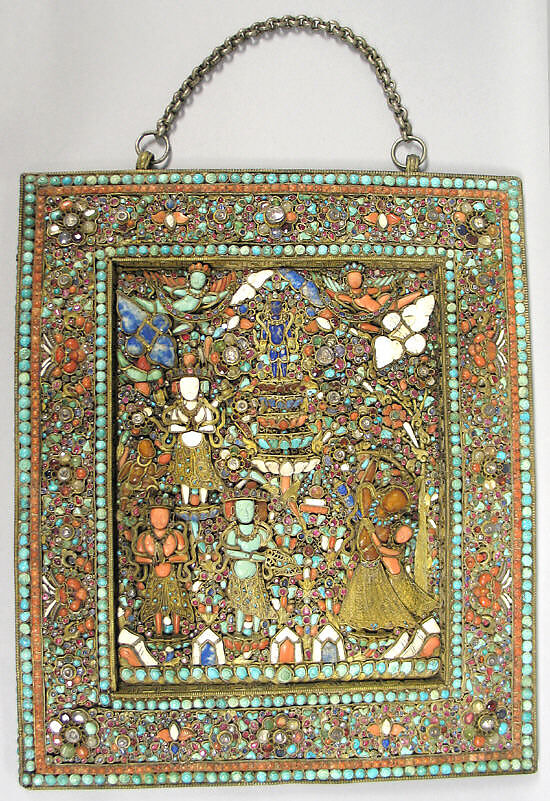 The Birth of the Buddha, Mosaic set in a gilt-silver framework with diamonds, rubies, emeralds, sapphires, garnets, quartz, pearls, amber, coral, lapis lazuli, turquoise, and semiprecious stones , Nepal