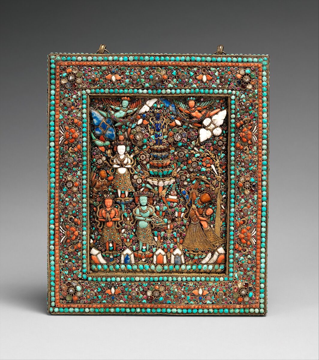 The Birth of the Buddha, Mosaic set in a gilt-silver framework with diamonds, rubies, emeralds, sapphires, garnets, quartz, pearls, amber, coral, lapis lazuli, turquoise, and semiprecious stones , Nepal 