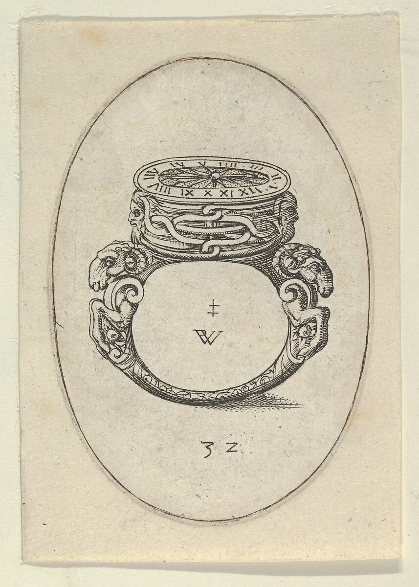 Design for a Ring Watch, Plate 32 from Livre d'Aneaux d'Orfevrerie, Pierre Woeiriot de Bouzey II (French, Neufchâteau 1532–1599 Damblain), Engraving 