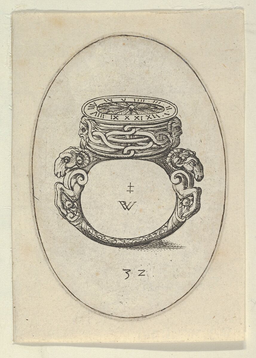 Design for a Ring Watch, Plate 32 from Livre d'Aneaux d'Orfevrerie, Pierre Woeiriot de Bouzey II  French, Engraving