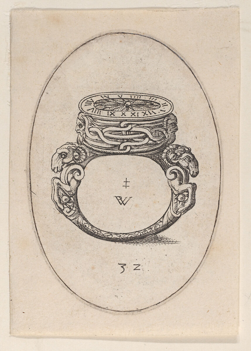 Design for a Ring Watch, Plate 32 from Livre d'Aneaux d'Orfevrerie, Pierre Woeiriot de Bouzey II (French, Neufchâteau 1532–1599 Damblain), Engraving