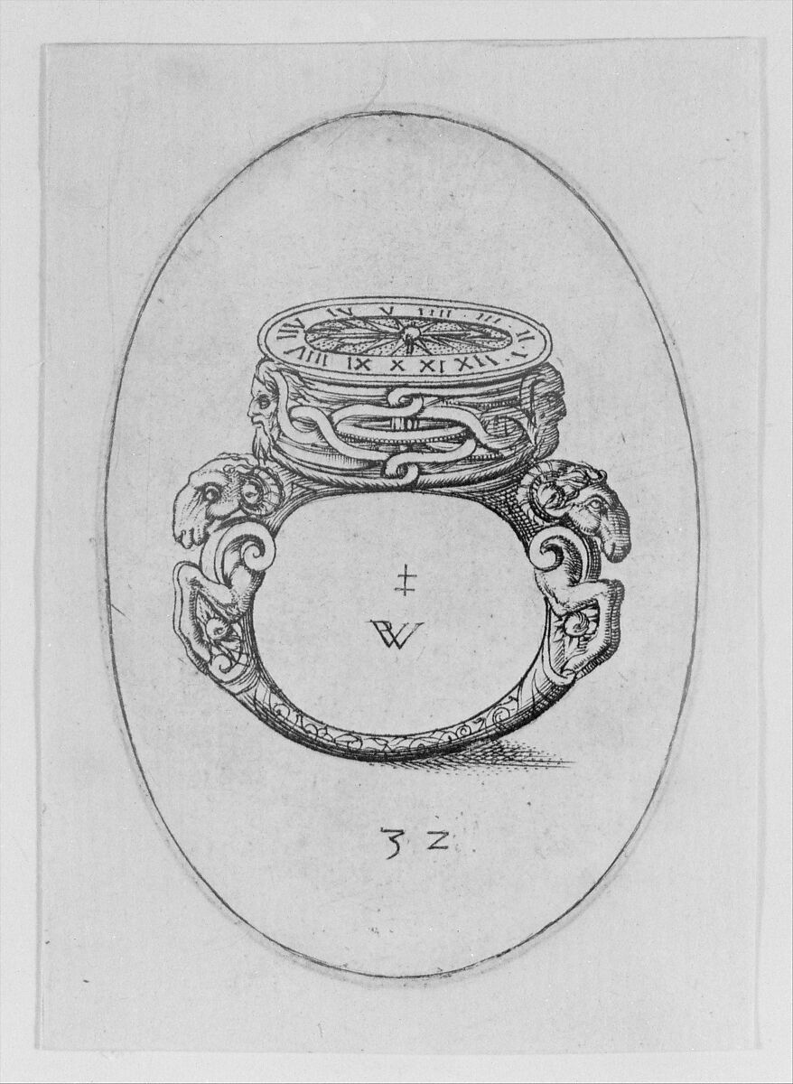 Design for a Ring Watch, Plate 32 from Livre d'Aneaux d'Orfevrerie, Pierre Woeiriot de Bouzey II (French, Neufchâteau 1532–1599 Damblain), Engraving