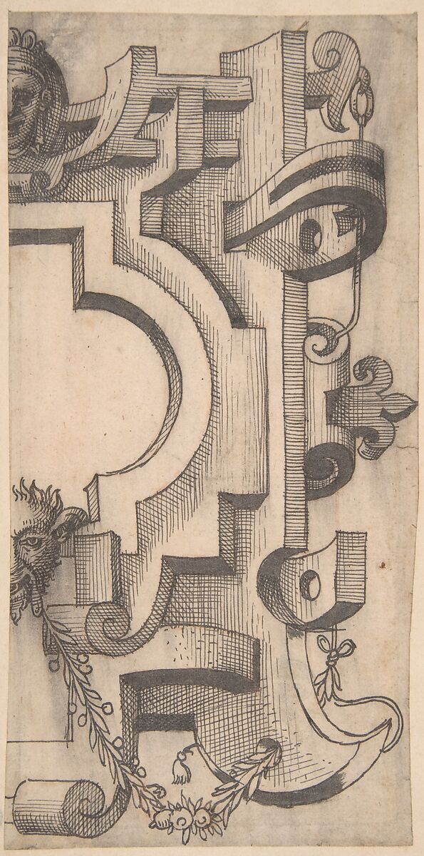 Right Half of a Strapwork Cartouche, Anonymous, Netherlandish, 16th century, Pen and ink on paper 