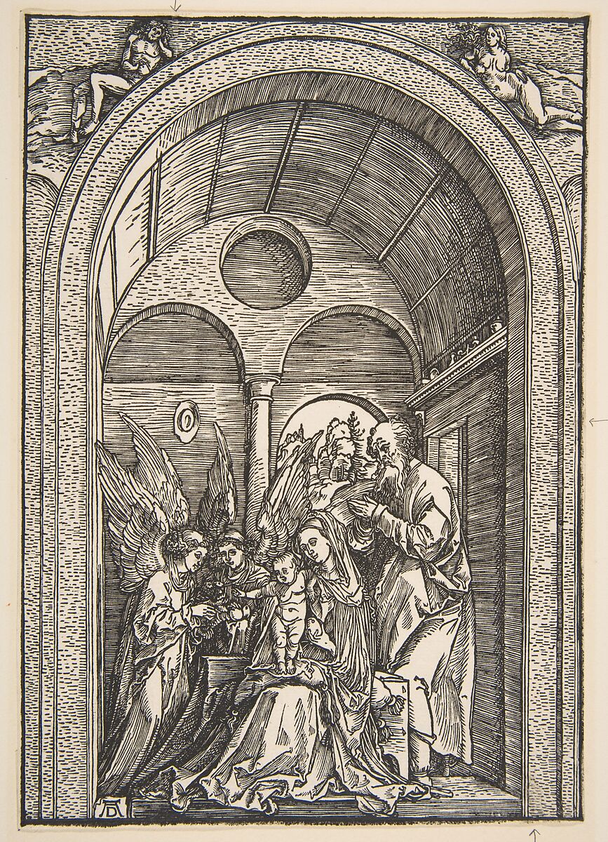 The Holy Family with Two Angels in a Vaulted Hall, Albrecht Dürer (German, Nuremberg 1471–1528 Nuremberg), Woodcut 