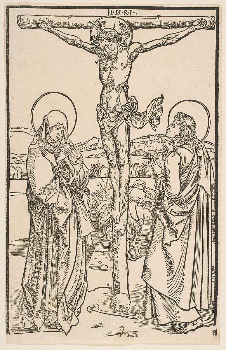 Christ on the Cross with the Virgin and Saint John, Formerly attributed to Albrecht Dürer (German, Nuremberg 1471–1528 Nuremberg), Woodcut 