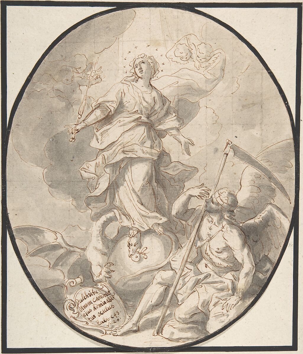 The Immaculate Virgin, Johann Georg Bergmüller (German, Türkheim 1688–1762 Augsburg), Pen and brown ink, gray wash. Framing line in brush (?) and black ink. Squared for transfer in black chalk 