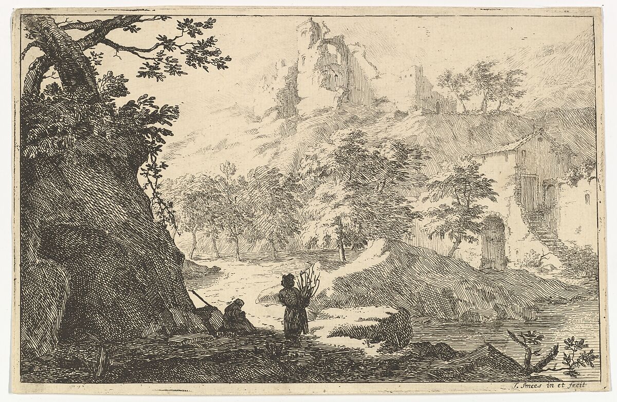 Landscape with Ruins of a Castle on a Hill, Jan Smees (Dutch, Amsterdam 1705–1729 Amsterdam), Etching 
