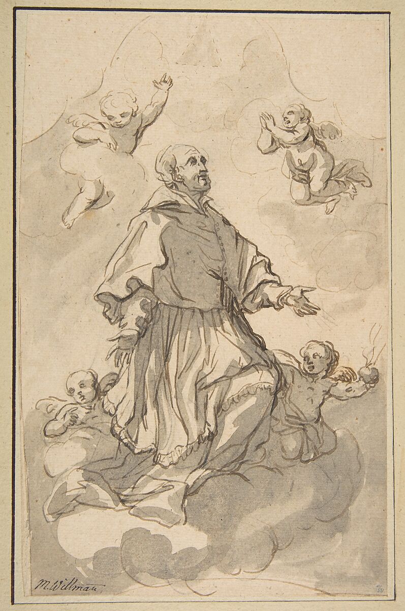 Saint Augustine on Clouds Surrounded by Angels, Johann Jacob Eybelwieser (Austrian, Vienna (?), ca. 1667–1744 Breslau), Pen and brown ink, brush and gray wash, black chalk underdrawing 