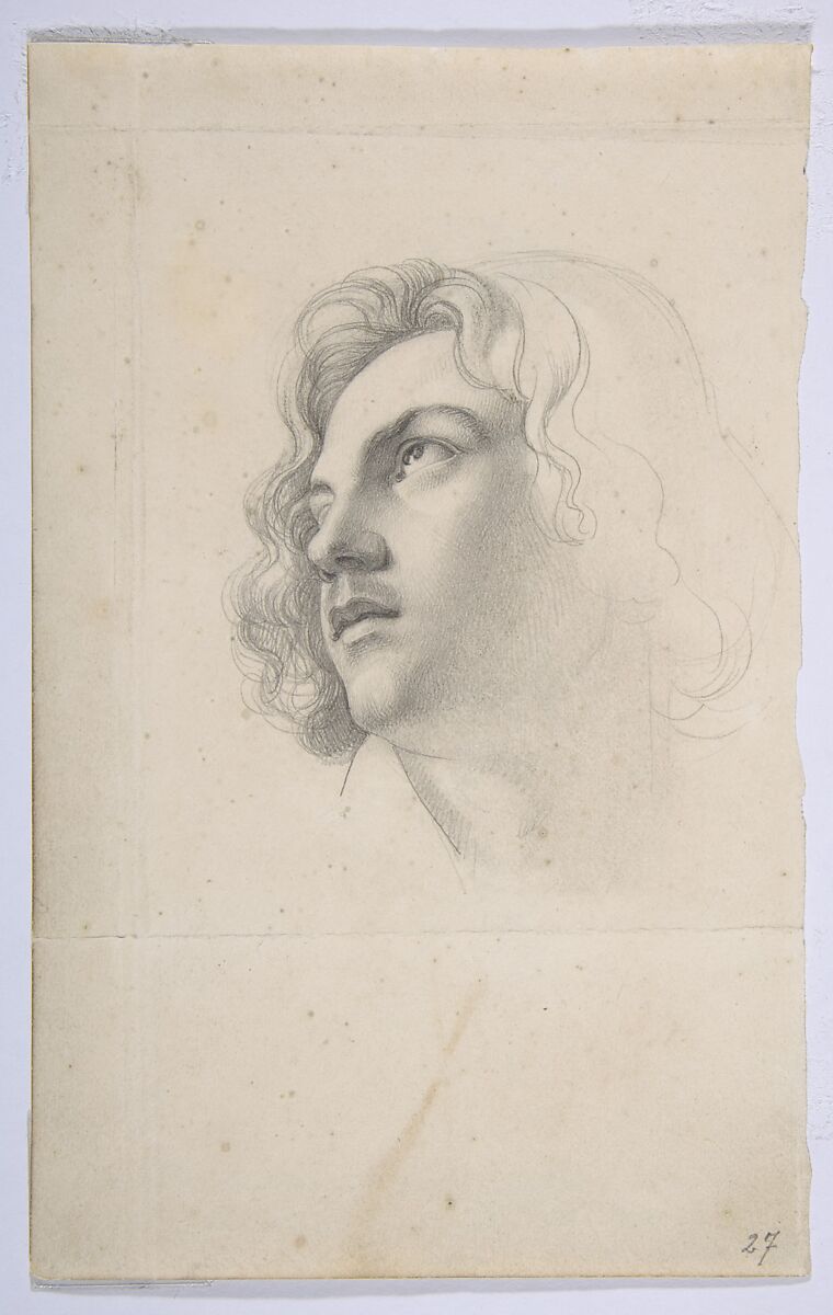 Portrait of Alfred Rethel, looking up; verso: Studies of two heads, Heinrich Karl Anton Mücke (German, Breslau 1806–1891 Düsseldorf), Graphite 