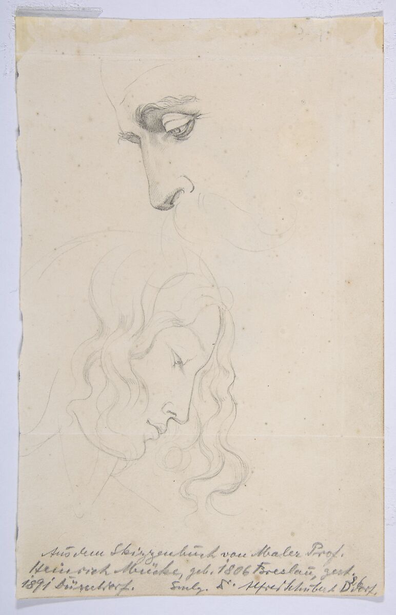 Portrait of Alfred Rethel, looking up; verso: Studies of two heads, Heinrich Karl Anton Mücke (German, Breslau 1806–1891 Düsseldorf), Graphite