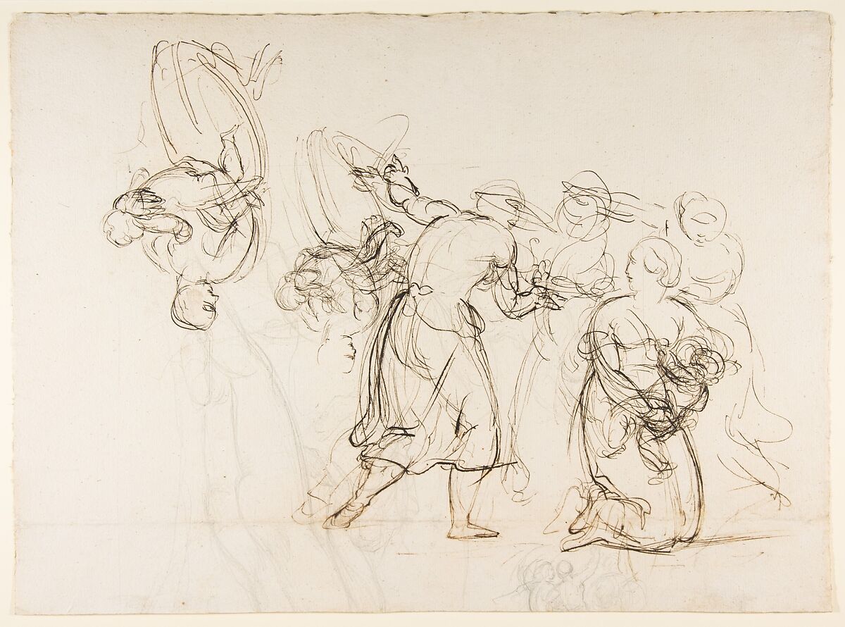 Sketch for the Judgment of Solomon (?); verso: Dancing Mythological Figures, Christian Gottlieb Schick (German, Stuttgart 1776–1812 Stuttgart), Pen and brown ink, over a sketch in graphite; verso: black chalk. 