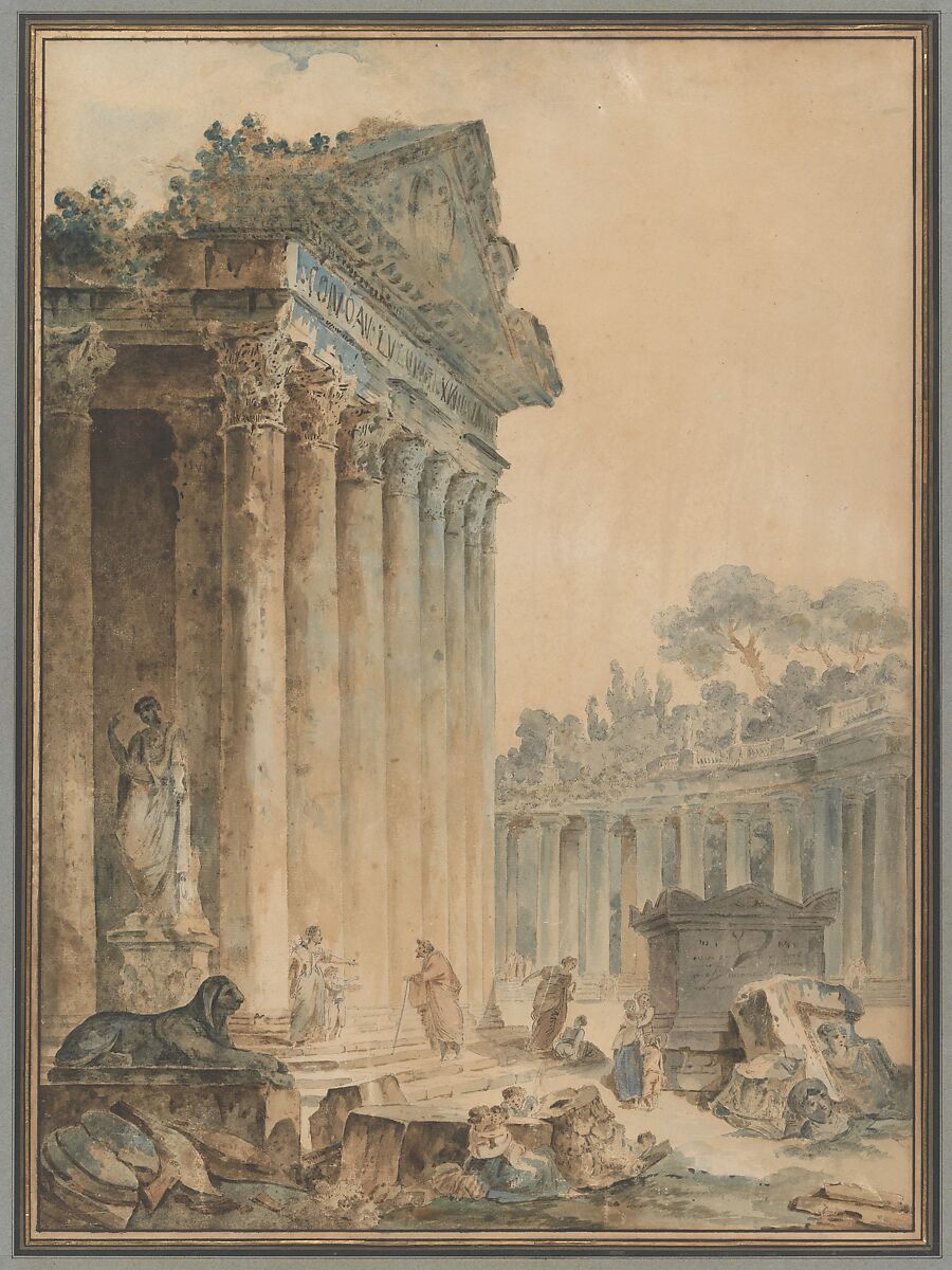 Capriccio with an Ancient Temple, Hubert Robert (French, Paris 1733–1808 Paris), Watercolor over pen and black ink, traces of black chalk underdrawing on off-white antique laid paper