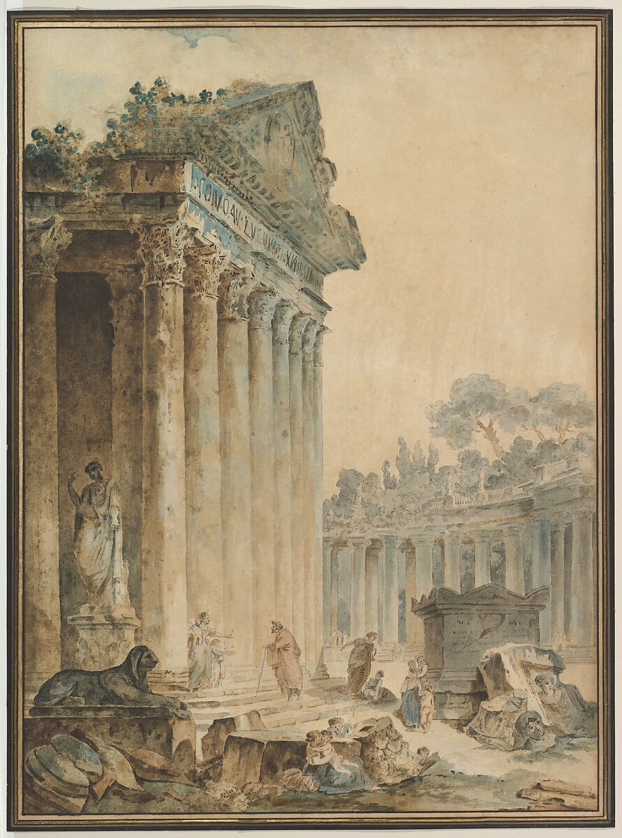 Capriccio with an Ancient Temple, Hubert Robert (French, Paris 1733–1808 Paris), Watercolor over pen and black ink, traces of black chalk underdrawing on off-white antique laid paper 
