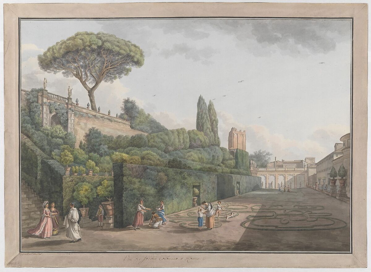 Garden of Palazzo Colonna, Giovanni Volpato (Italian, Bassano 1732–1803 Rome), Etching, with watercolor and gouache 
