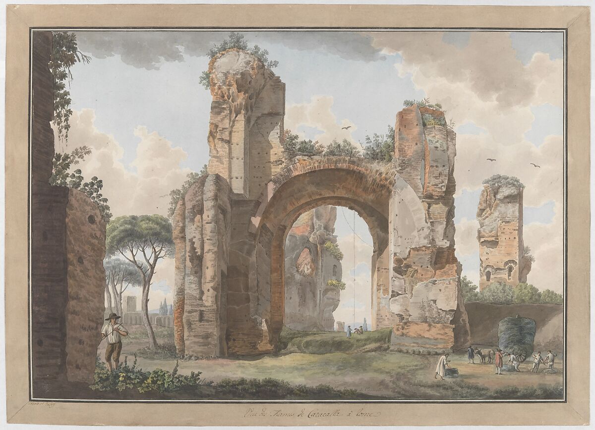 Interior of the Baths at Caracalla, Giovanni Volpato (Italian, Bassano 1732–1803 Rome), Etching, with watercolor and gouache 