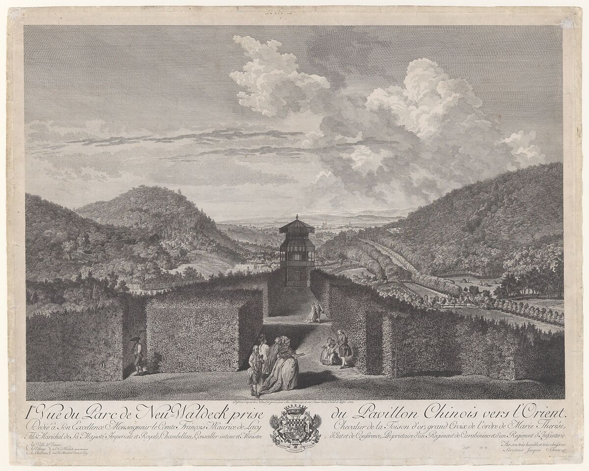 Ier Vue du Parc de Neu-Waldeck prise du Pavillon Chinois vers l'Orient, from Views of the Park and Gardens of Marshal Count de Lacy at Neu-waldegg, Jakob Matthias Schmutzer (Austrian, Vienna 1733–1811 Vienna), Engraving 