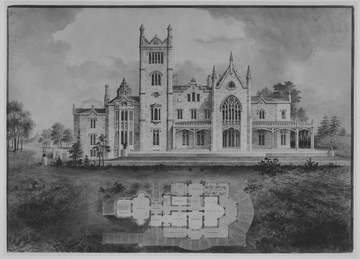 Lyndhurst for George Merritt, Tarrytown, New York (west [rear] elevation and plan), Alexander Jackson Davis (American, New York 1803–1892 West Orange, New Jersey), Watercolor, ink, and graphite on paper