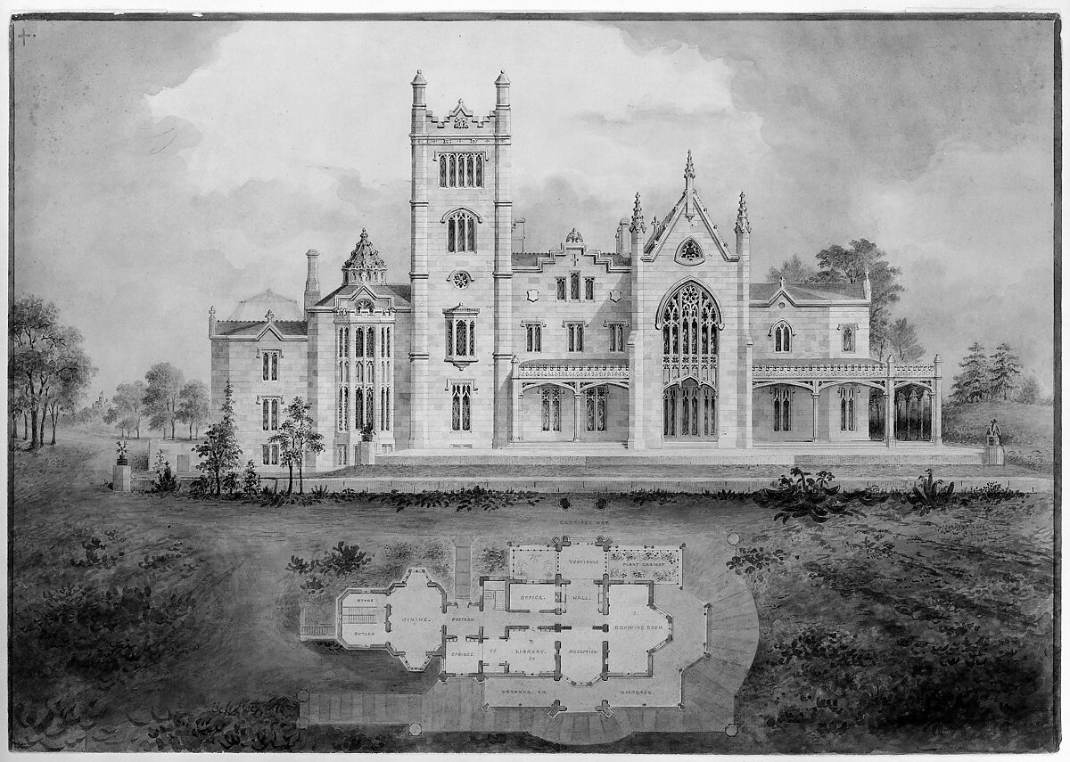 Lyndhurst for George Merritt, Tarrytown, New York (west [rear] elevation and plan), Alexander Jackson Davis (American, New York 1803–1892 West Orange, New Jersey), Watercolor, ink, and graphite on paper