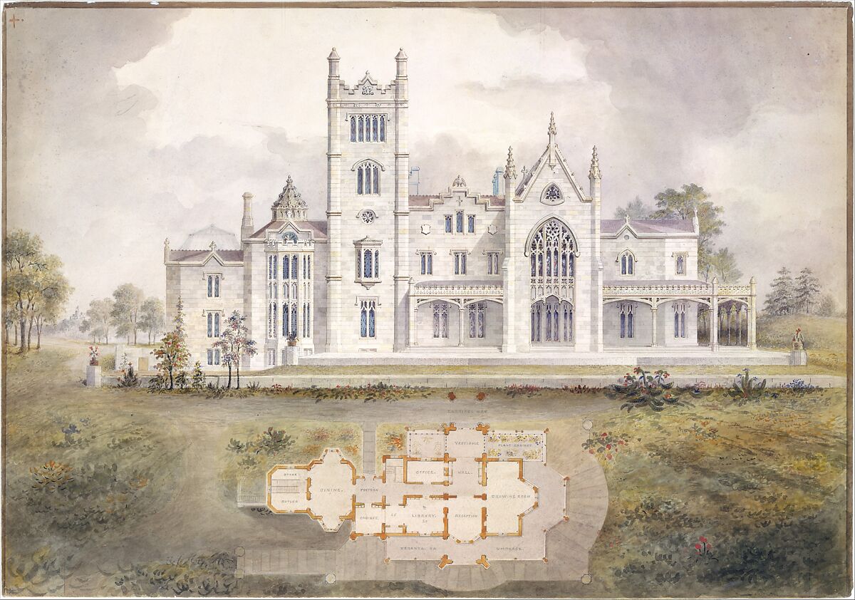 Lyndhurst for George Merritt, Tarrytown, New York (west [rear] elevation and plan)