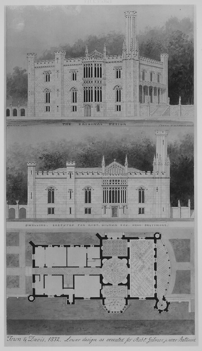 Glen Ellen for Robert Gilmor, Towson, Maryland (perspective, elevation, and plan), Alexander Jackson Davis (American, New York 1803–1892 West Orange, New Jersey), Watercolor, ink, and graphite on paper