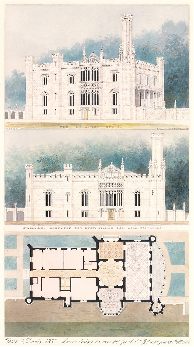 Glen Ellen for Robert Gilmor, Towson, Maryland (perspective, elevation, and plan), Alexander Jackson Davis (American, New York 1803–1892 West Orange, New Jersey), Watercolor, ink, and graphite on paper 