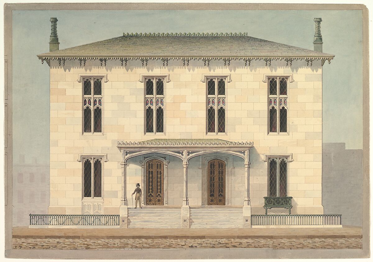 Design for a Double Townhouse (front elevation), Alexander Jackson Davis (American, New York 1803–1892 West Orange, New Jersey), Watercolor and ink on paper 