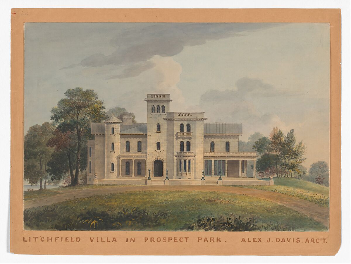 Grace Hill for Edwin C. Litchfield, Brooklyn, New York (front elevation), Alexander Jackson Davis (American, New York 1803–1892 West Orange, New Jersey), Watercolor, ink, and graphite on paper 