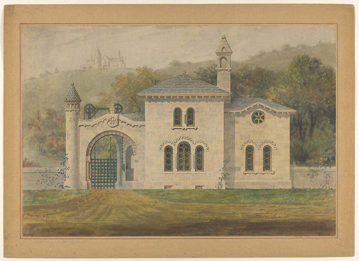 Gate Lodge for Amos G. Hull, Newburgh, New York (front elevation), Alexander Jackson Davis (American, New York 1803–1892 West Orange, New Jersey), Watercolor, ink, and graphite on paper 