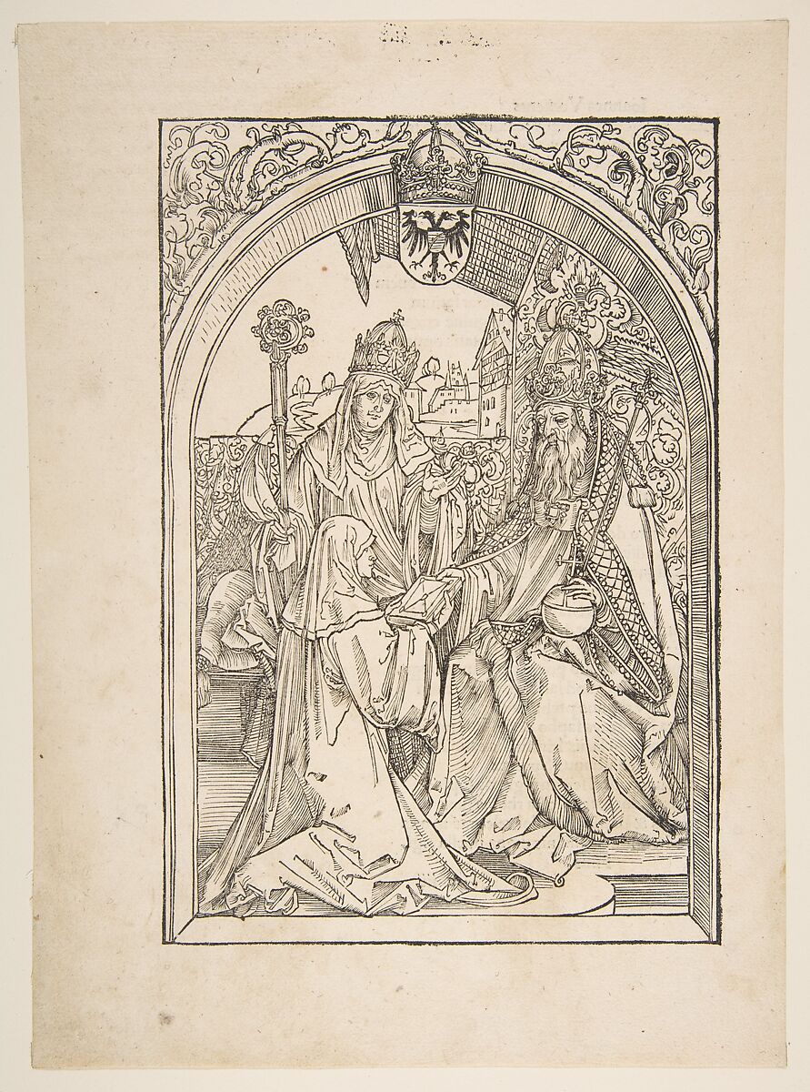 Rosvitha Presenting the Comedies to the Emperor Otto I, from the opera "Hrosvita", Albrecht Dürer (German, Nuremberg 1471–1528 Nuremberg), Woodcut 