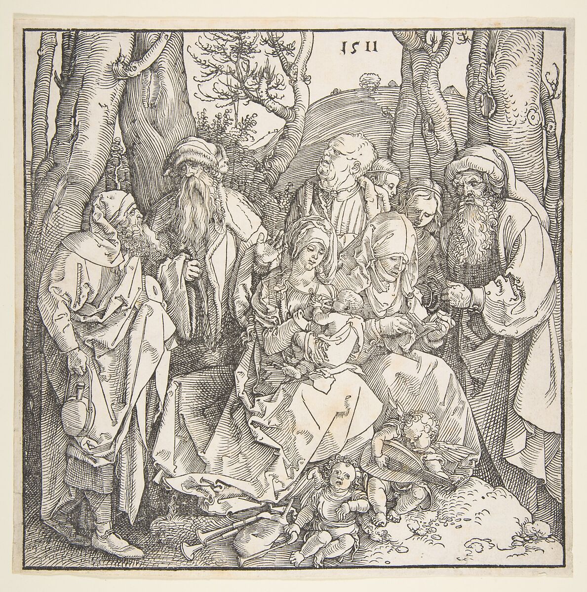 The Holy Kinship with Lute Playing Angels, Albrecht Dürer (German, Nuremberg 1471–1528 Nuremberg), Woodcut 