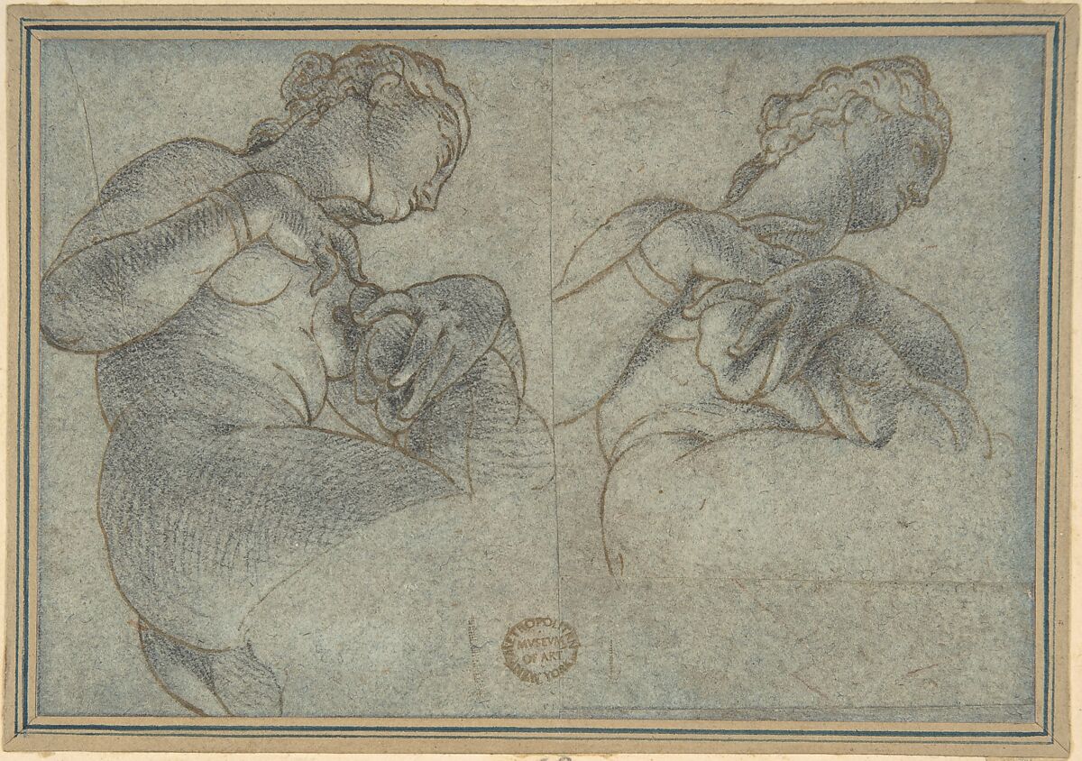 Two Studies of a female Figure or Statue, Anonymous, Italian, 16th century, Pen and brown ink, blue chalk, on blue-gray paper 