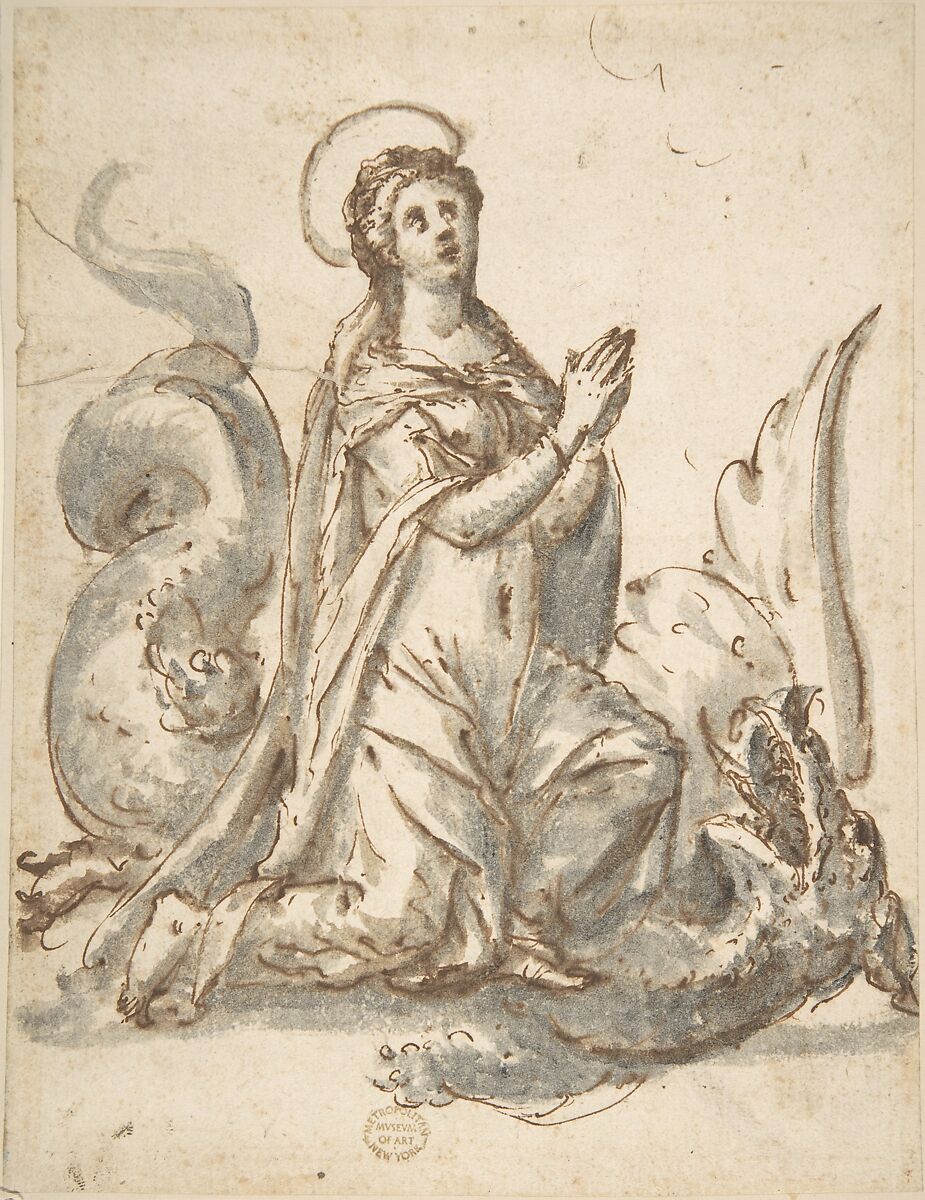 Saint Margaret and the Dragon, Anonymous, Italian, 16th century, Pen and brown ink, brush and gray wash. 