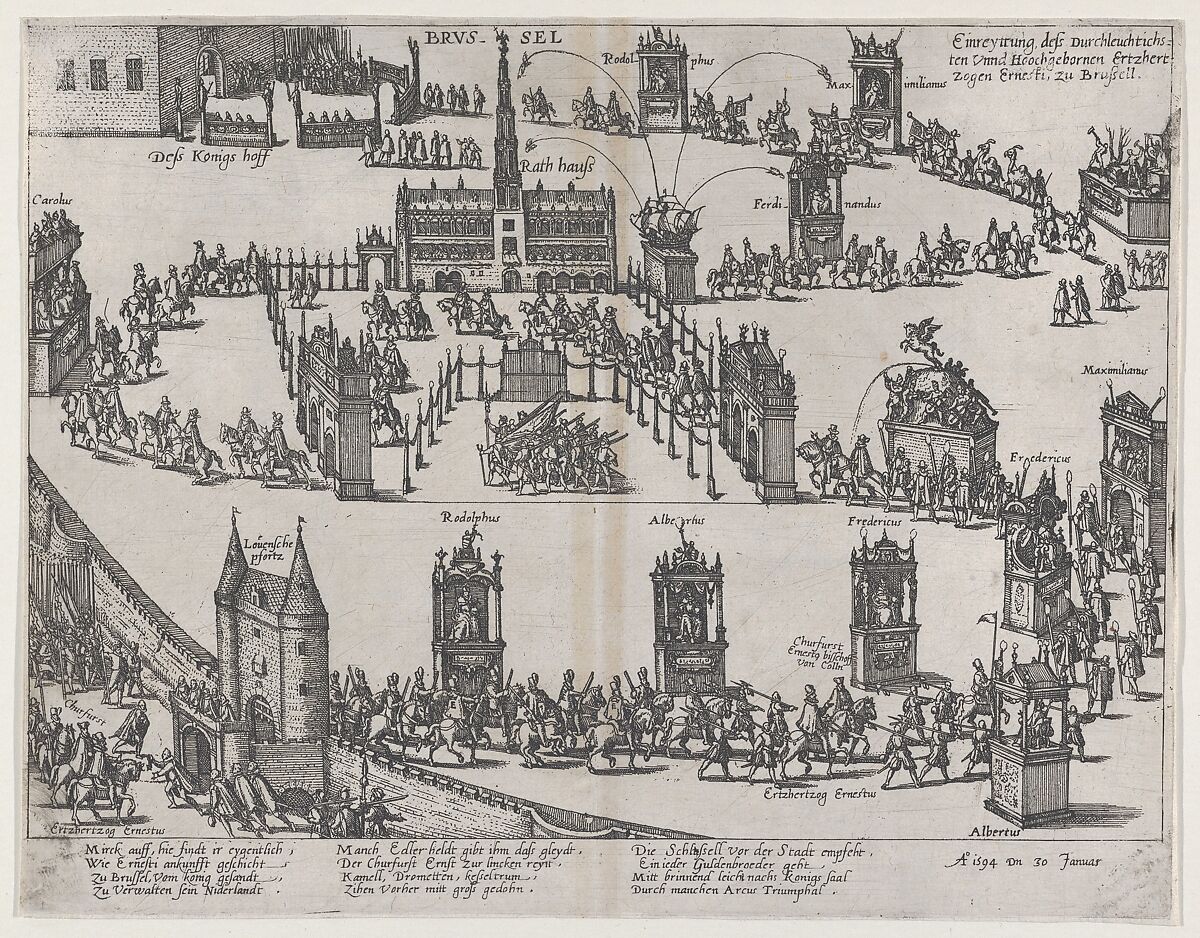 Entrance of the Archduke Ernest to Brussels, January 30, 1594, Anonymous, German, 16th century, Etching 