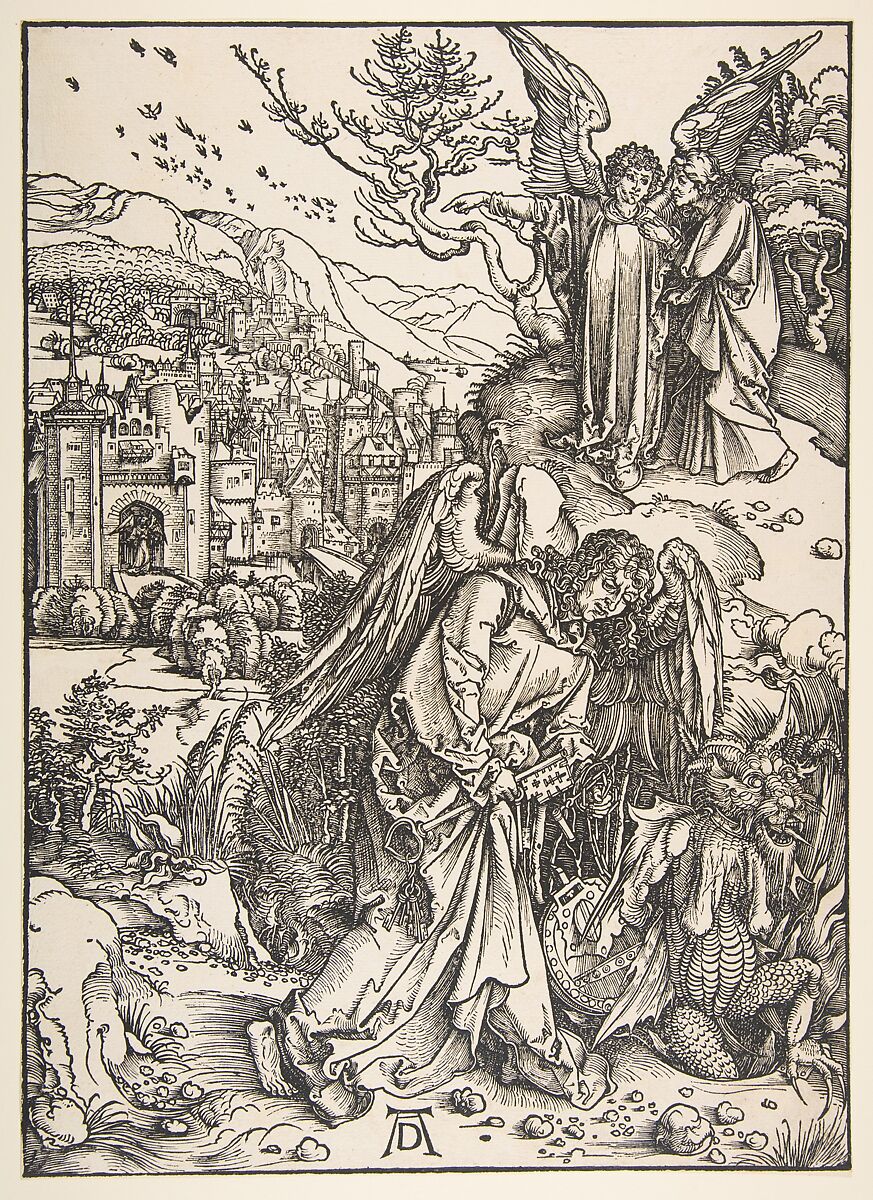 The Angel with the Key to Bottomless Pit, Albrecht Dürer (German, Nuremberg 1471–1528 Nuremberg), Woodcut 