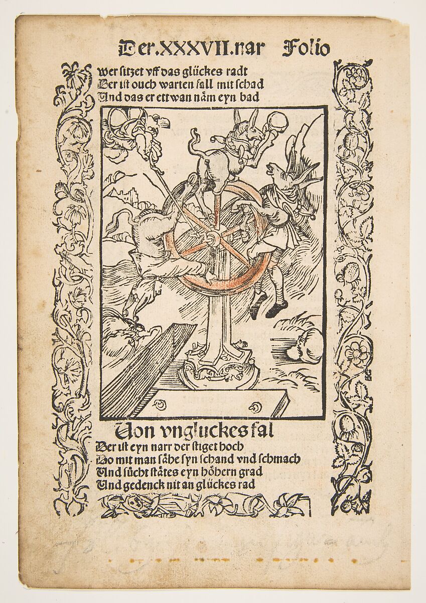 Von Ungluckes Fal, title page chapter 37 from "Sebastian Brandt, Das Narrenschrift", Albrecht Dürer (German, Nuremberg 1471–1528 Nuremberg), Woodcut 