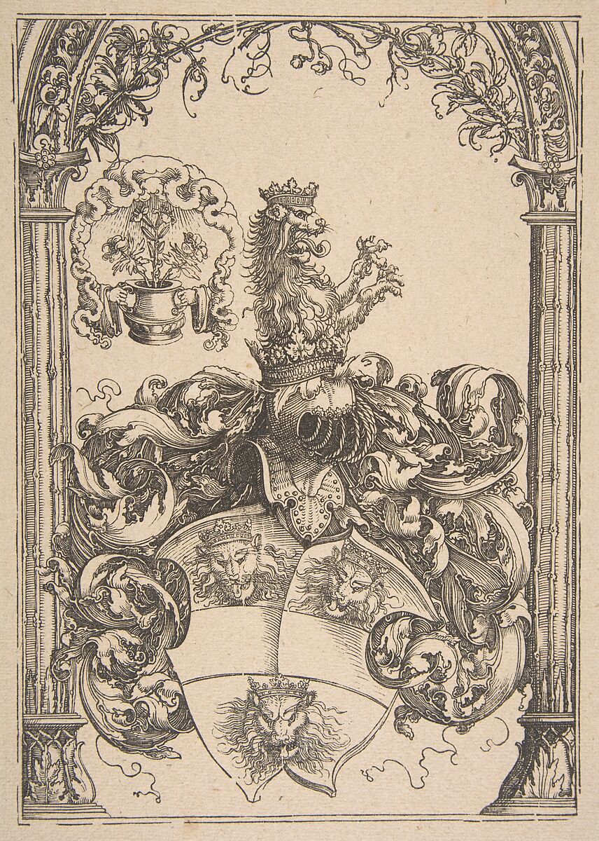 Coat of arms with Three Lions' Heads, Albrecht Dürer (German, Nuremberg 1471–1528 Nuremberg), Woodcut 