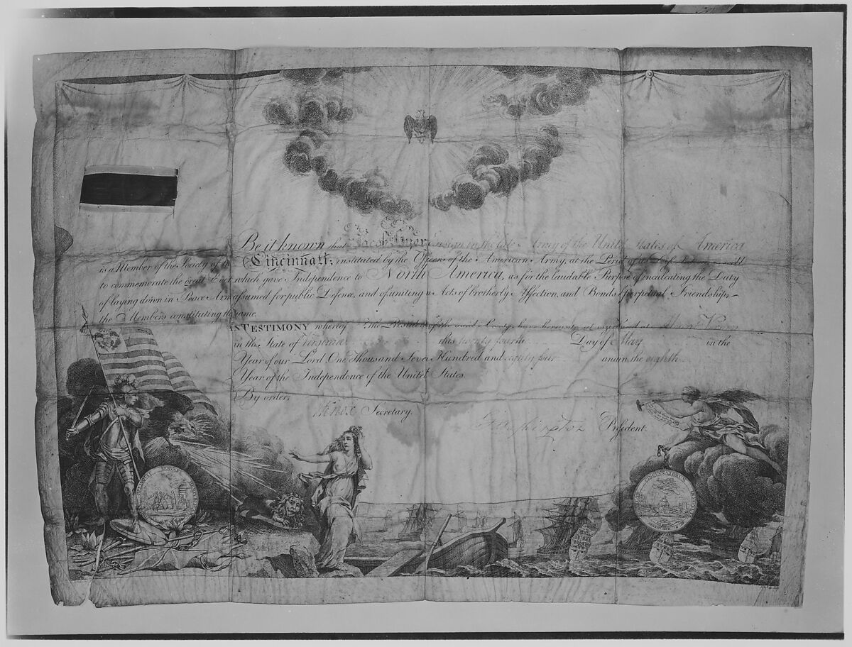 Certificate of Membership in the Society of Cincinnati, Jean Jacques Le Veau (French, Rouen 1729–1786 Paris), Engraving printed on vellum, ribbon inserted at upper left 