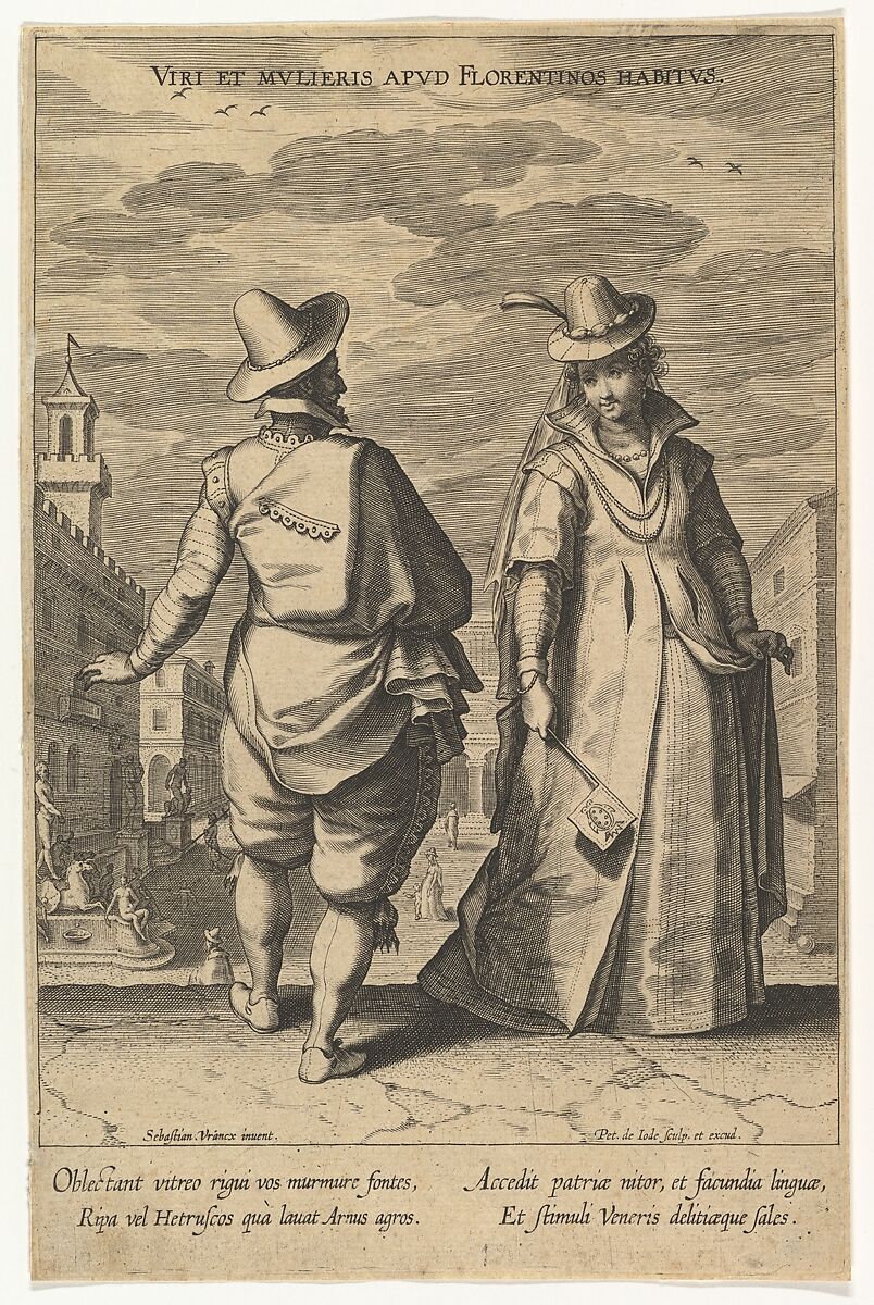 Viri et Mulieris apud Florentinos Habitus, from Fashions of Different Nations, Pieter de Jode I (Netherlandish, Antwerp 1570–Antwerp 1634), Engraving; first state of two 