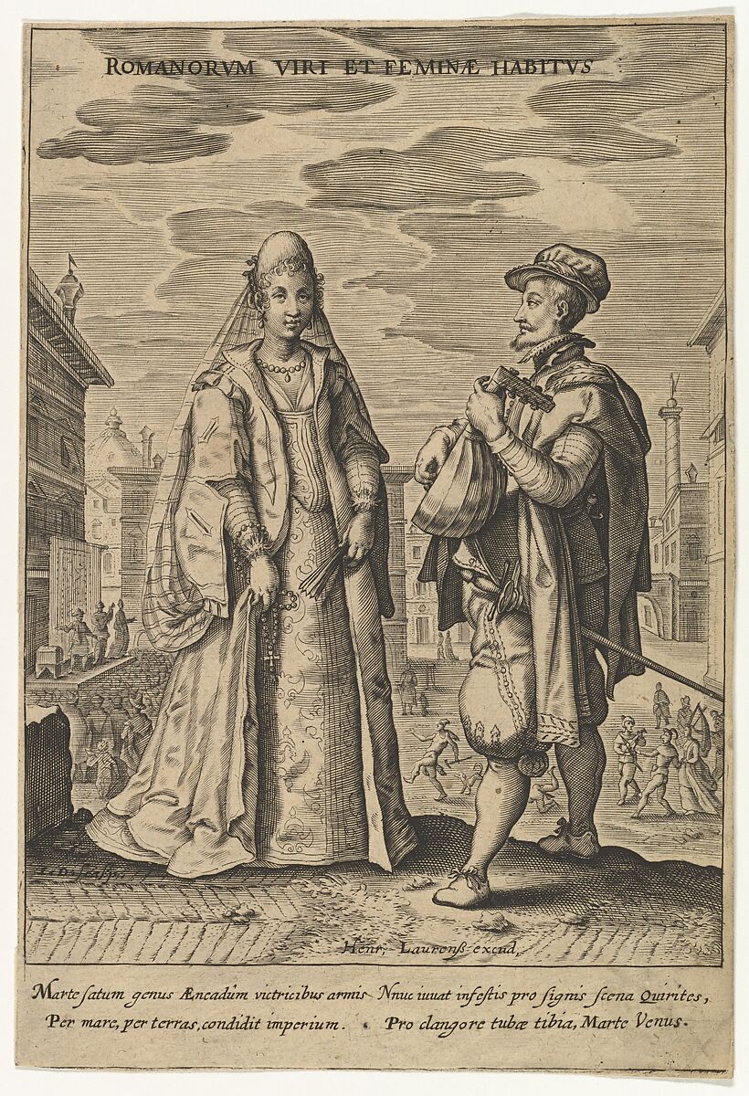 Romanorium Viri et Feminae Habitus, from Fashions of Different Nations (copy), Master ID (Dutch, active early 17th century), Engraving; first state of two 
