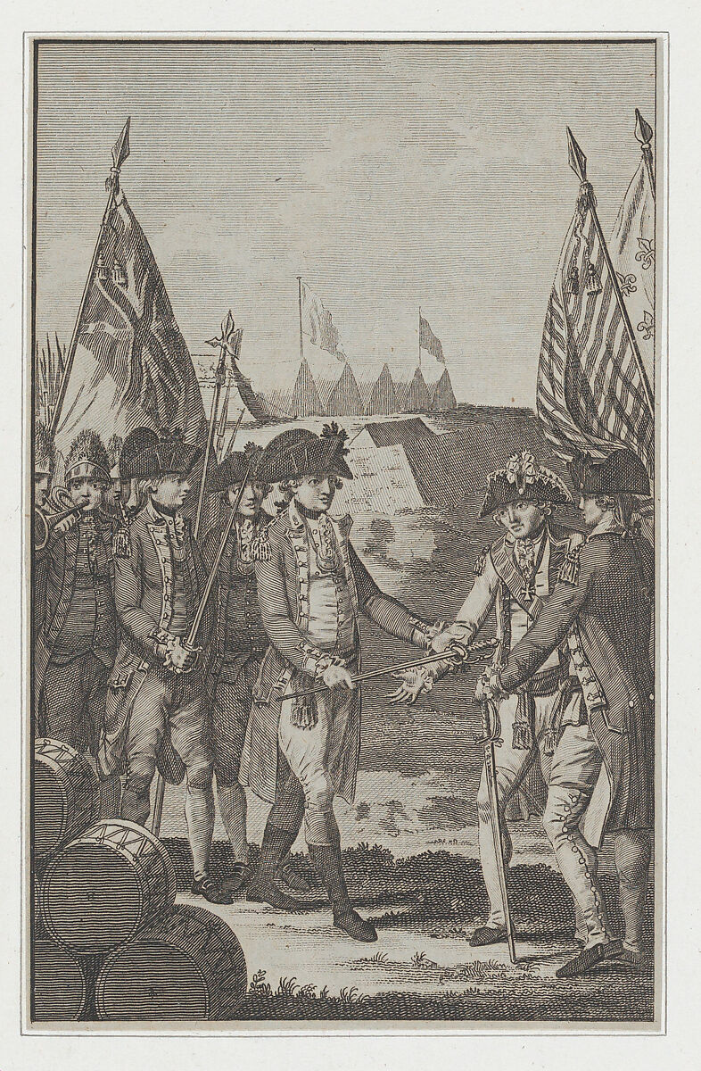 The Surrender of Earl Cornwallis (Lieutenant General of the British Army in North America) to General Washington & Count De Rochambeau, on the 19th of October, 1781, T. Thornton (British, active 1780–89), Engraving 