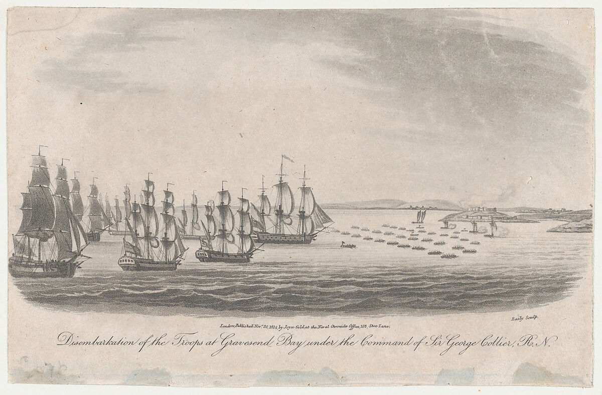 Disembarkation of the Troops at Gravesend Bay under the Command of General Collier, R.N. (August 22, 1776), John Baily (British, active 1798–1820), Aquatint and etching 