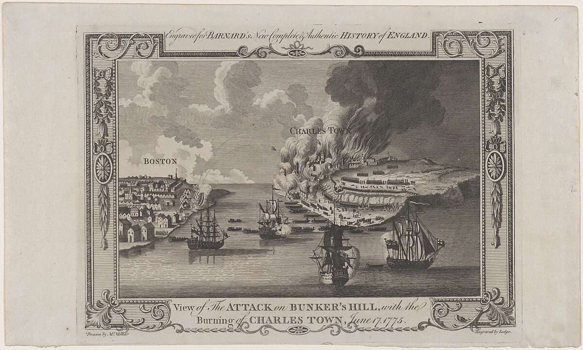 View of the Attack on Bunker's Hill, with the Burning of Charles Town, June 17, 1775, John Lodge (British, active 1774–96), Engraving 