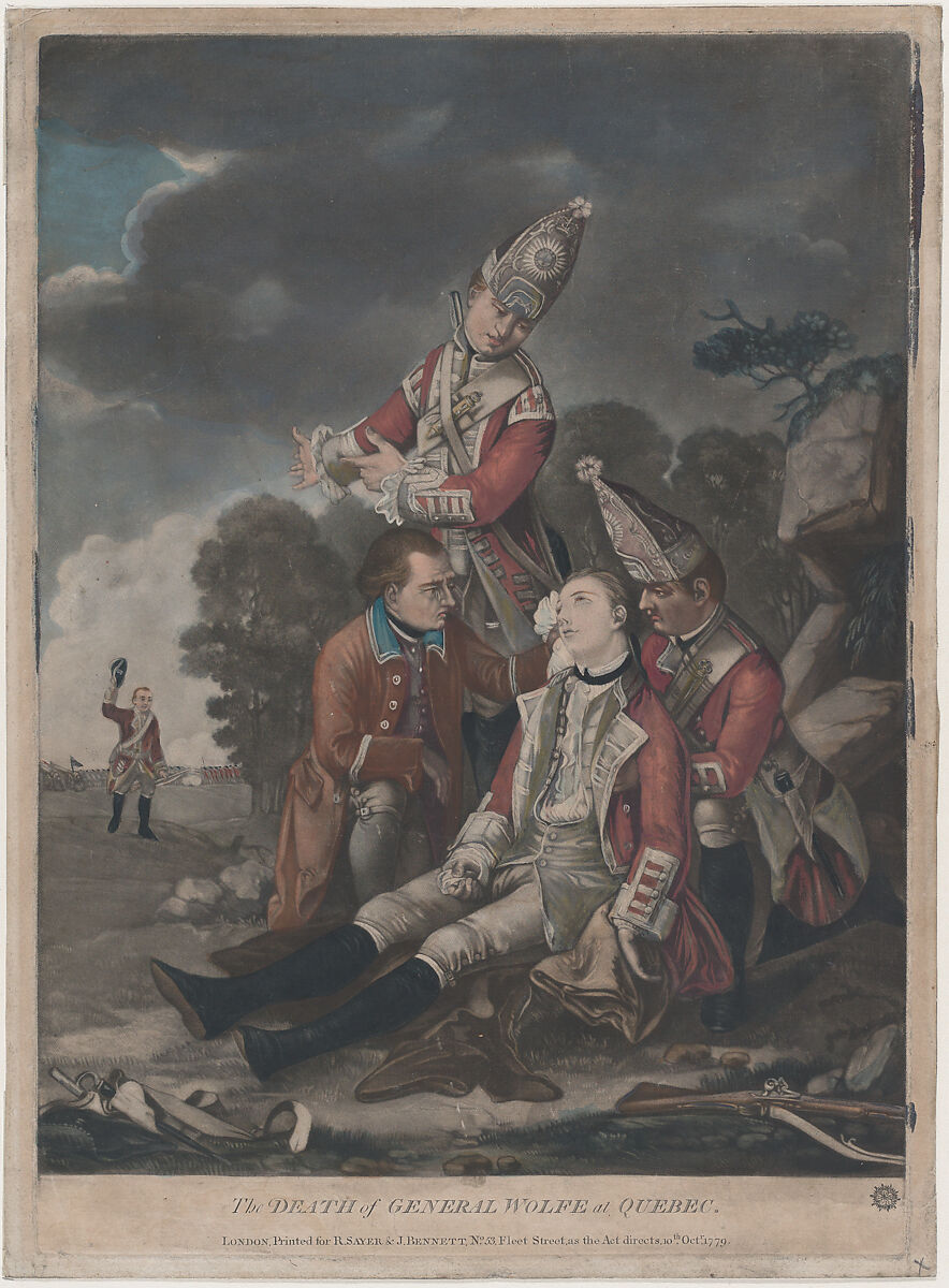 The Death of General Wolfe at Quebec (September, 1759), After Edward Penny (British, Knutsford, Cheshire 1714–1791 Chiswick), Mezzotint, hand colored 